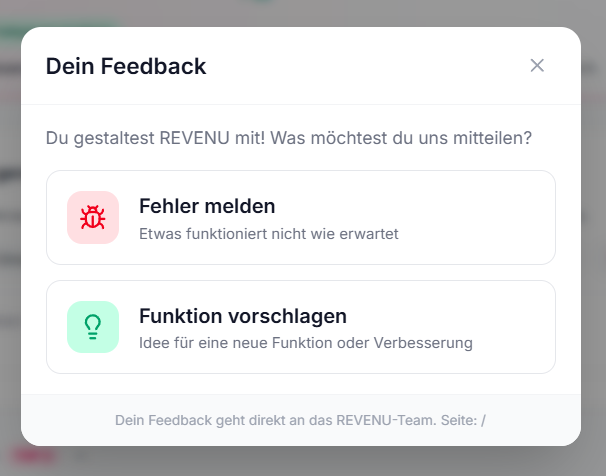 REVENU Feedback-Dialog: Fehler melden oder Funktion vorschlagen