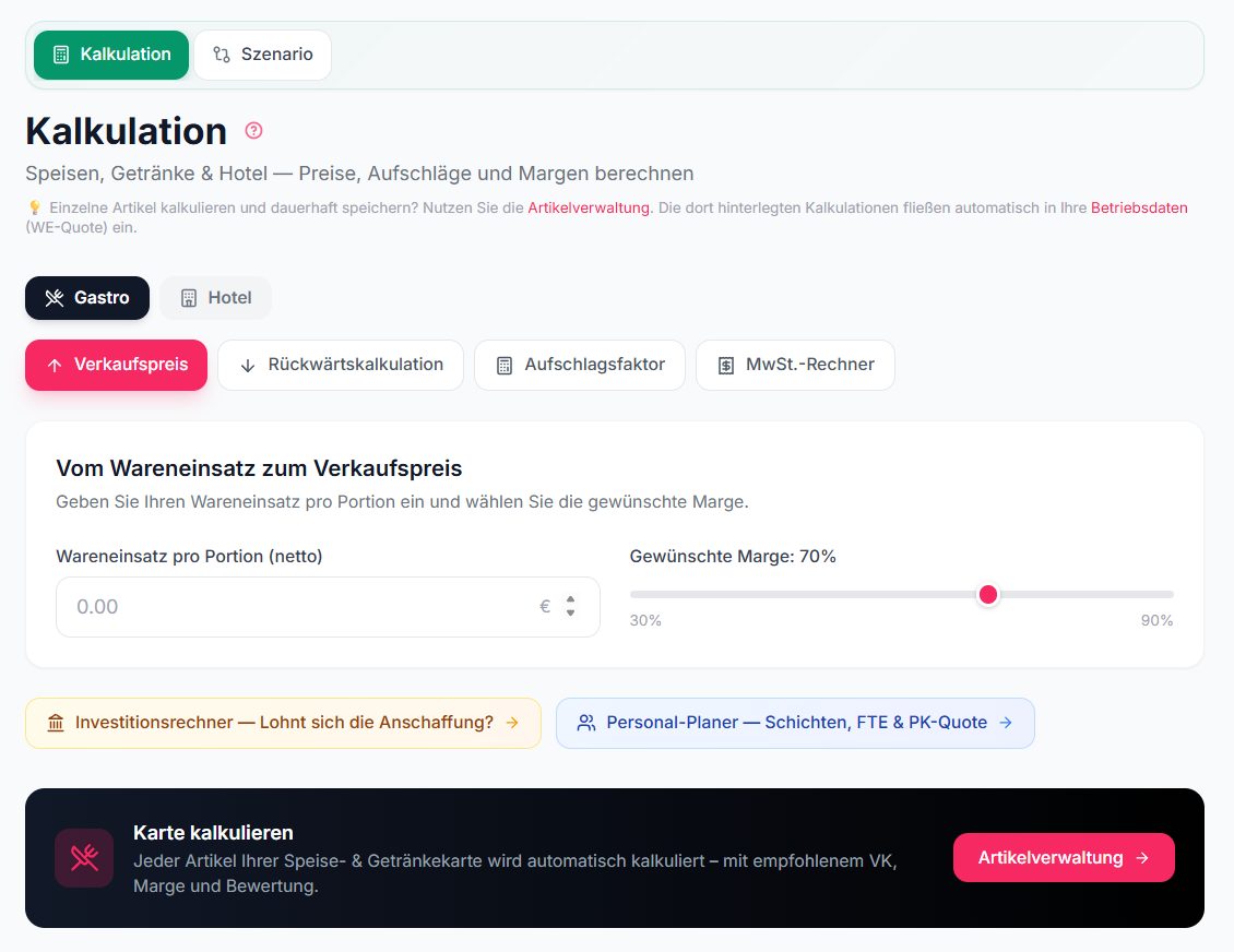 REVENU Kalkulation — Verkaufspreis, Rückwärtskalkulation und MwSt.-Rechner